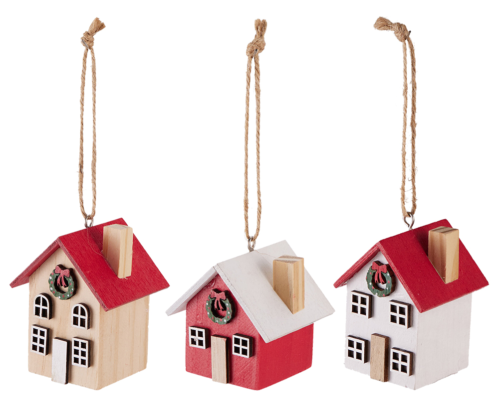 3er Set Hängedeko, Holz-Haus groß, rot/weiß/natur